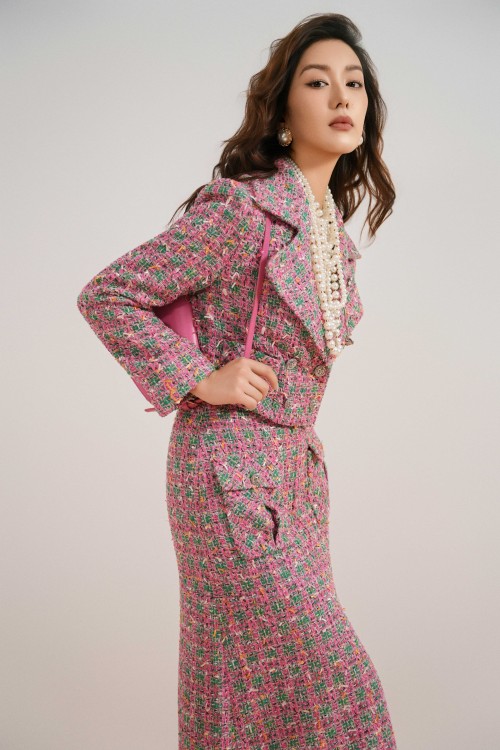 Sixdo Green &amp; Pink Tweed Loose Skirt